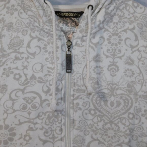 Womens XS Groggy Cream Tan romantic Pattern Full Zip Hoodie - Picture 3 of 9